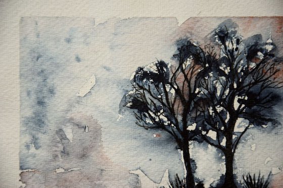 Fall tree ORIGINAL watercolor painting, minimalistic black and white wall art, hygge home decor