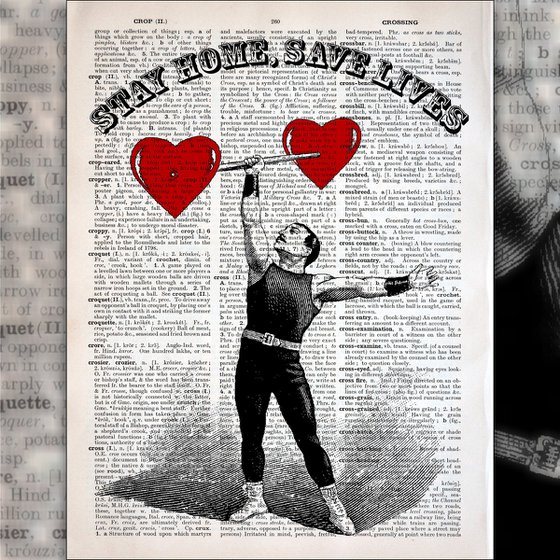 Stay Home, Save Lives - Collage Art Print on Large Real English Dictionary Vintage Book Page