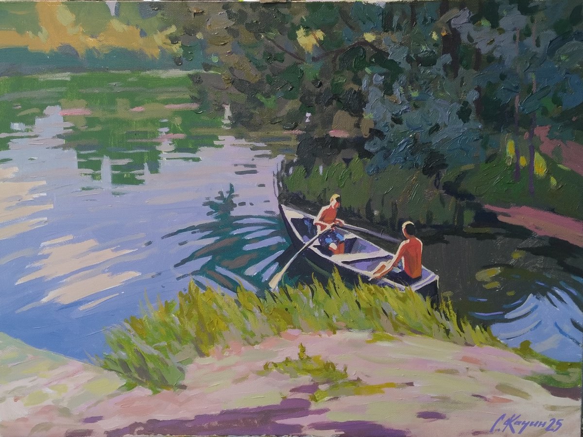 Impressionistic Landscape Acrylic Painting By Sergey Kachin, 31 X 24", River Walk, Original Artwork