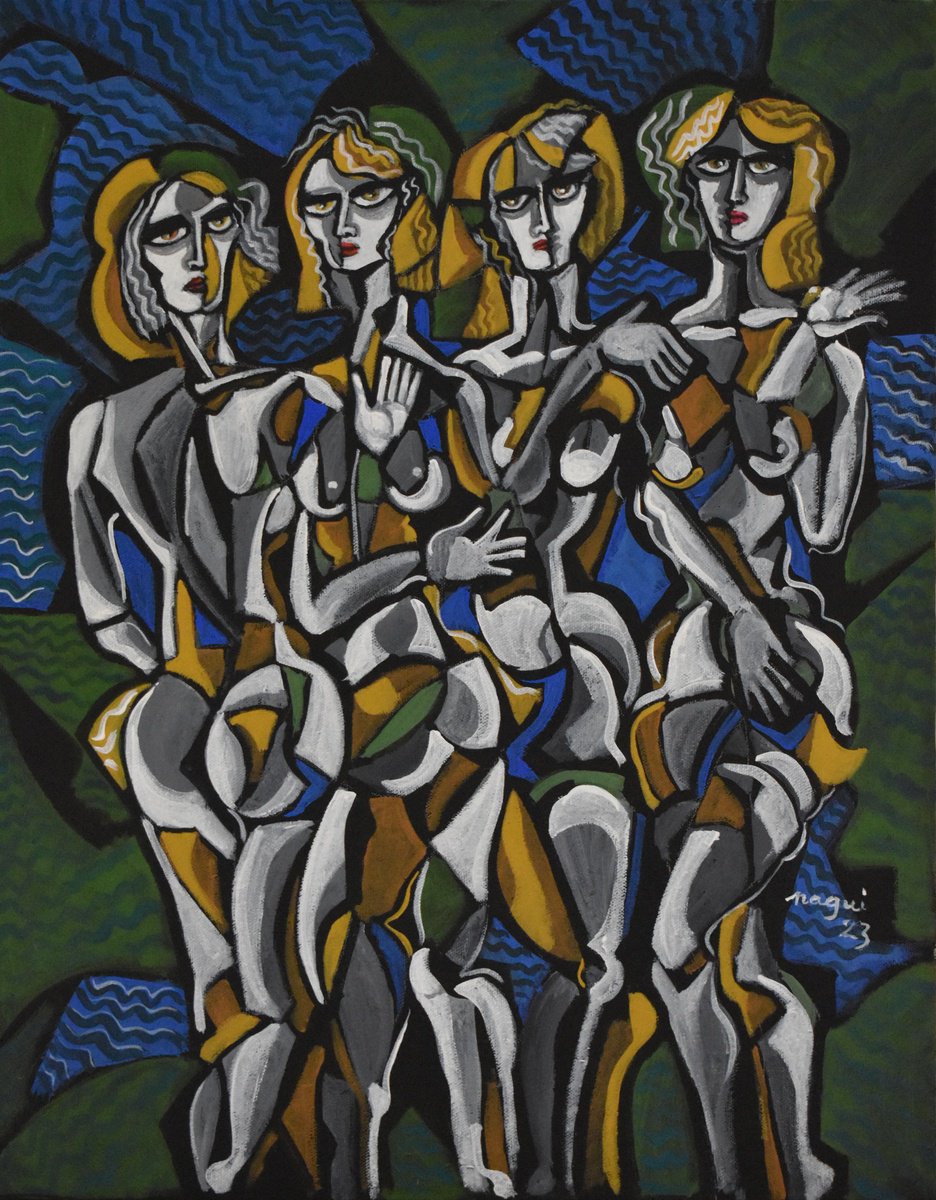 Expressive Portrait Acrylic Painting By Nagui, 16 X 20", Four Models, Original Artwork