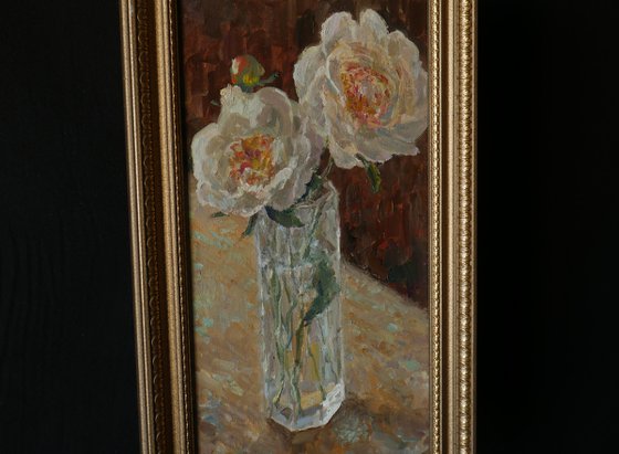Peonies In The Glass - peonies still life painting