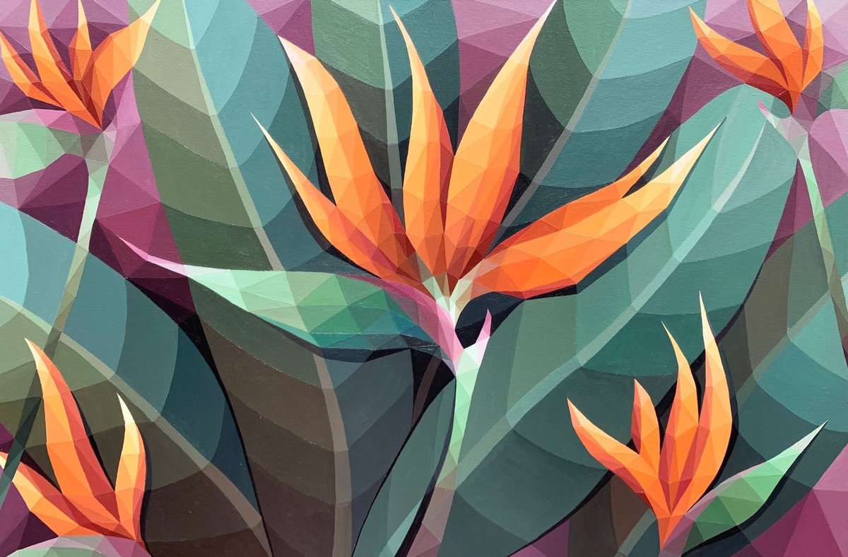 Geometric Botanical Acrylic Painting By Maria Tuzhilkina, 32 X 21", Strelitzia Fire Flower, Original Artwork