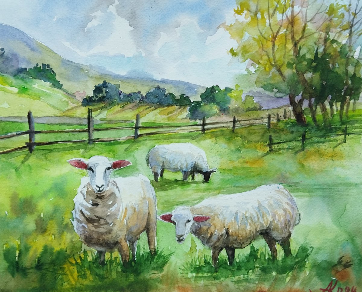 Scottish landscape with sheep by Ann Krasikova