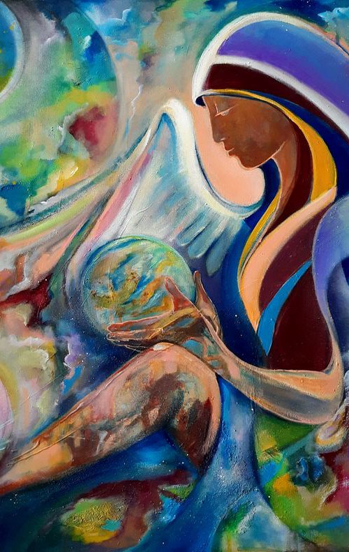 "Angel of mercy",  large acrylic painting,90x60x2 cm by Nora Block