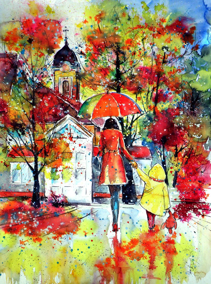 Impressionistic Watercolour , Autumn In My Town Ii By Kovacs Anna Brigitta, 22 X 30, Artwork For Sale On Artfinder