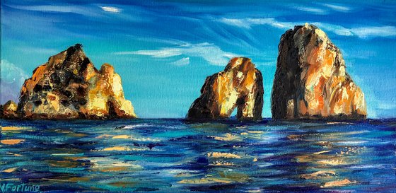 FARAGLIONI ROCKS ON THE HORIZON, Rocky Italian Seascape, Original Textured Impressionist Painting of the Isle of Capri