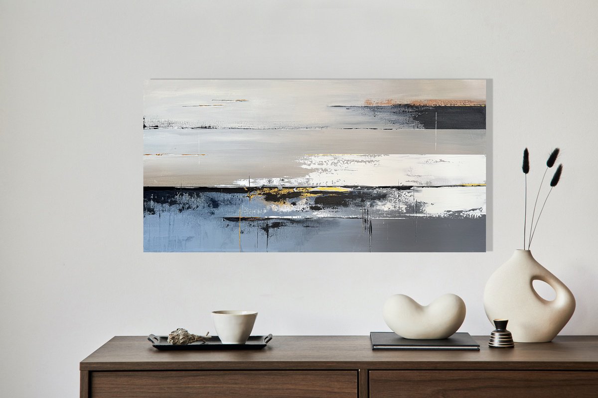 Geometric Landscape Acrylic Painting By Tatiana Malinovscaia, 39 X 20", Reflections Of The Sky, Original Artwork