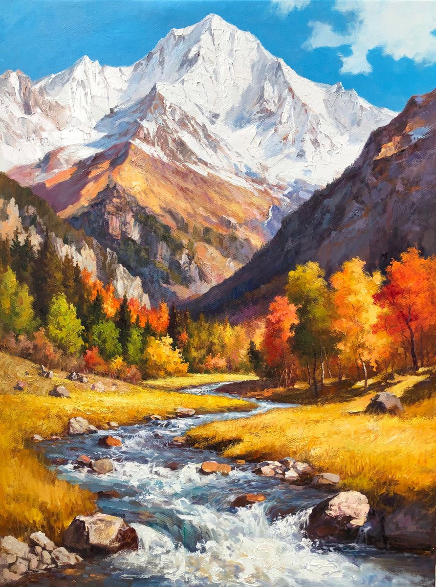 Impressionistic Landscape Oil Painting By Jianzhe Chon, 35 X 47, Autumn Z059, Original Artwork
