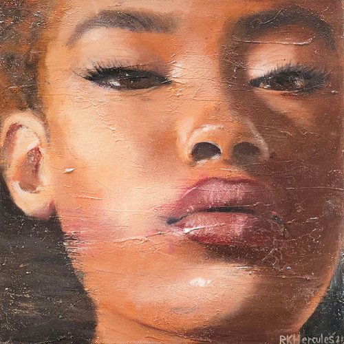 Feturi | beautiful black fashion model female woman face portrait oil painting on canvas fine art grunge free shipping by Renske Karlien Hercules