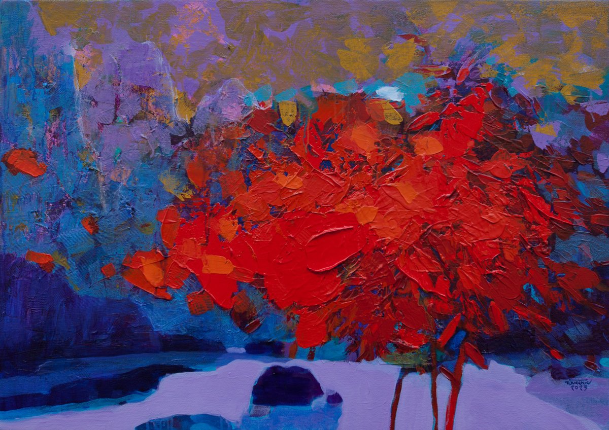 Expressive Landscape Acrylic Painting By The Khanh Bui, 39 X 28", A Day In December, Original Artwork