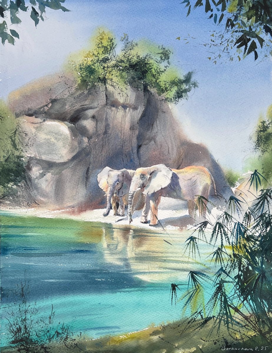 Impressionistic Landscape Watercolour By Eugenia Gorbacheva, 12 X 16, Elephants By The Lake, Original Artwork