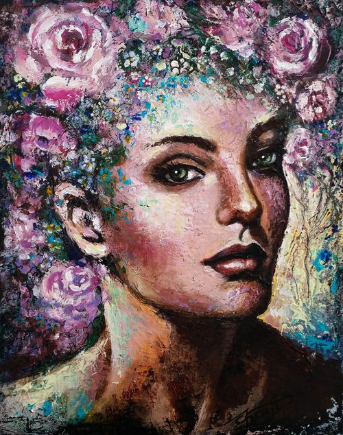 "Forget me not",Original acrylic painting on canvas 50x40x2cm,ready to hang by Elena Kraft