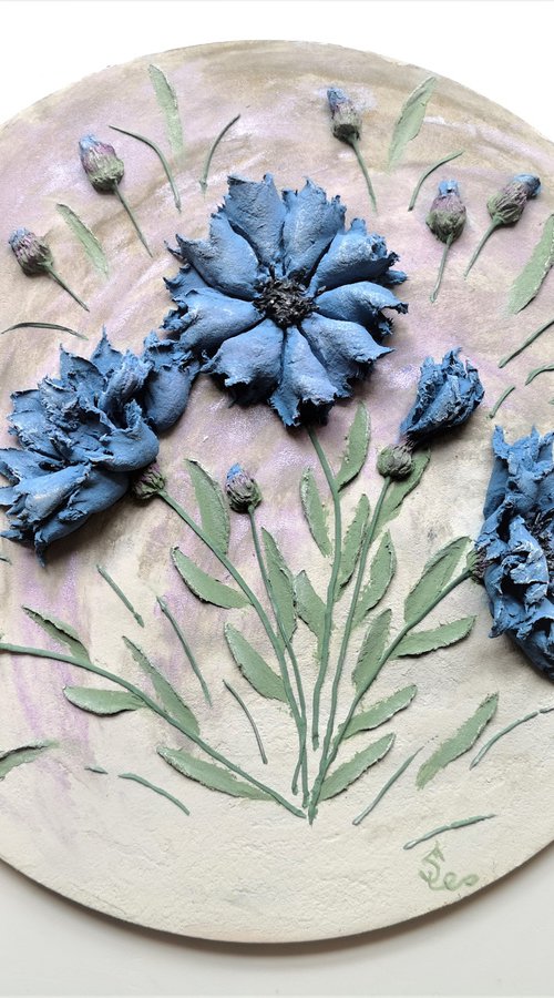 Blue cornflowers on a white background-delicate Botanical bas-relief 25x15x3 cm. by Irina Stepanova