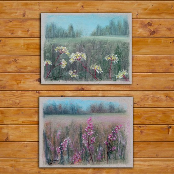 Wildflowers. Set of 2 small pastel paintings on gray paper. 16cm*12cm each