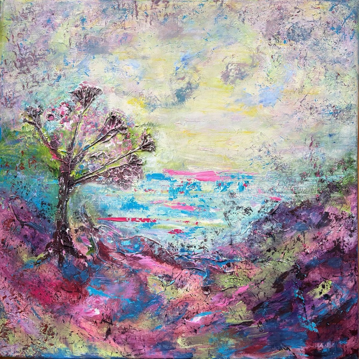 Abstract Landscape Acrylic Painting By Tetiana Pchelnykova, 31 X 31", Tree By The River, Original Artwork