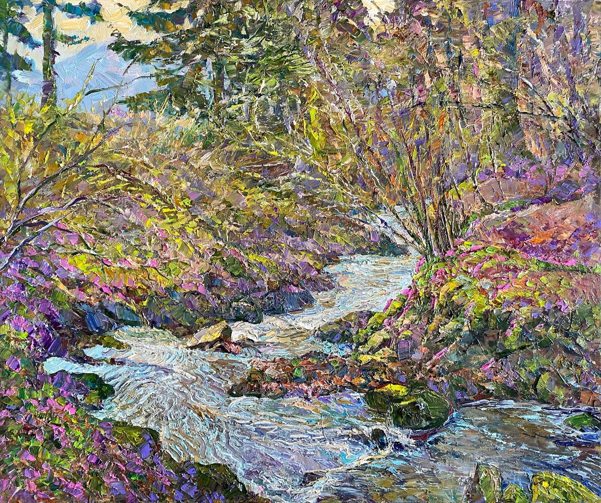 Impressionistic Landscape Oil Painting By Aleksandr Dubrovskyy, 24 X 20, A Rushing Flow, Original Artwork