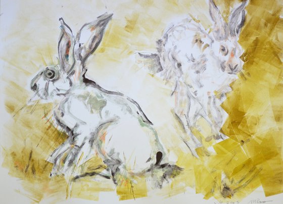Two Hares Monoprint, 2/3
