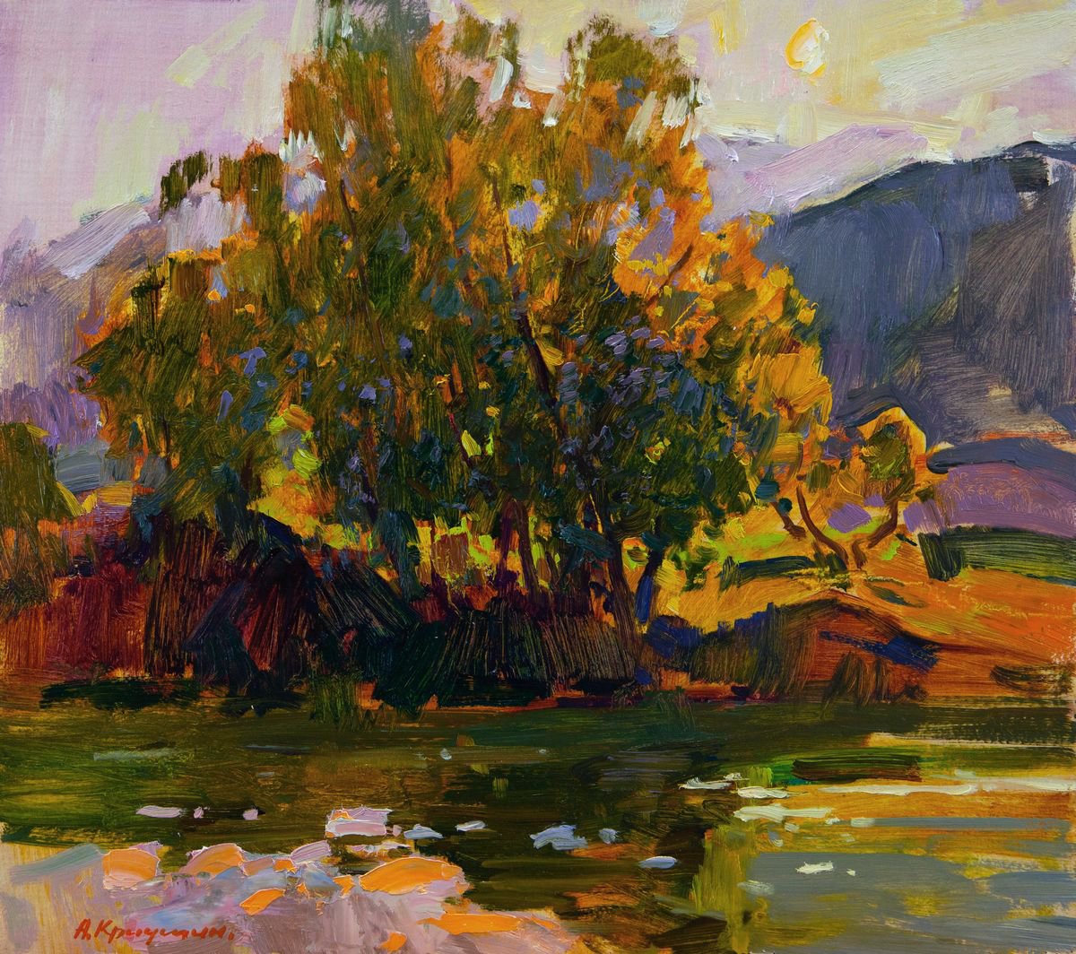 Impressionistic Landscape Oil Painting By Aleksandr Kryushyn, 18 X 16, Evening Shine, Original Artwork