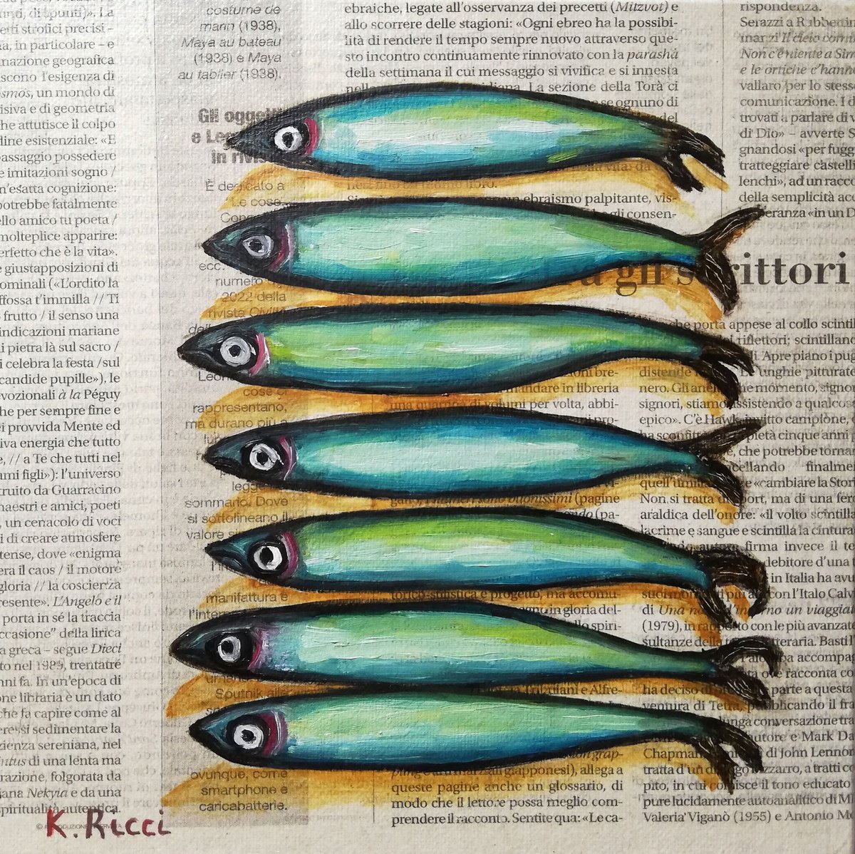 Anchovies on Newspaper Original Oil on Canvas Board Painting 8 by 8 inches (20x20 cm) by Katia Ricci