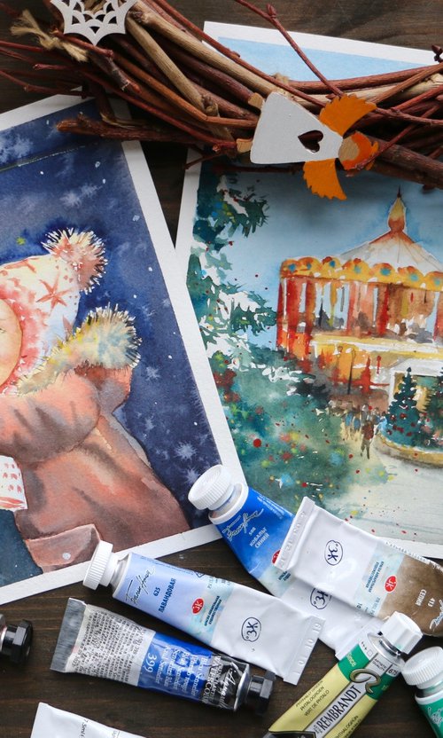 A set of two original watercolor artworks. Christmas markets in Moscow. New Year's Moscow. by Evgeniya Mokeeva