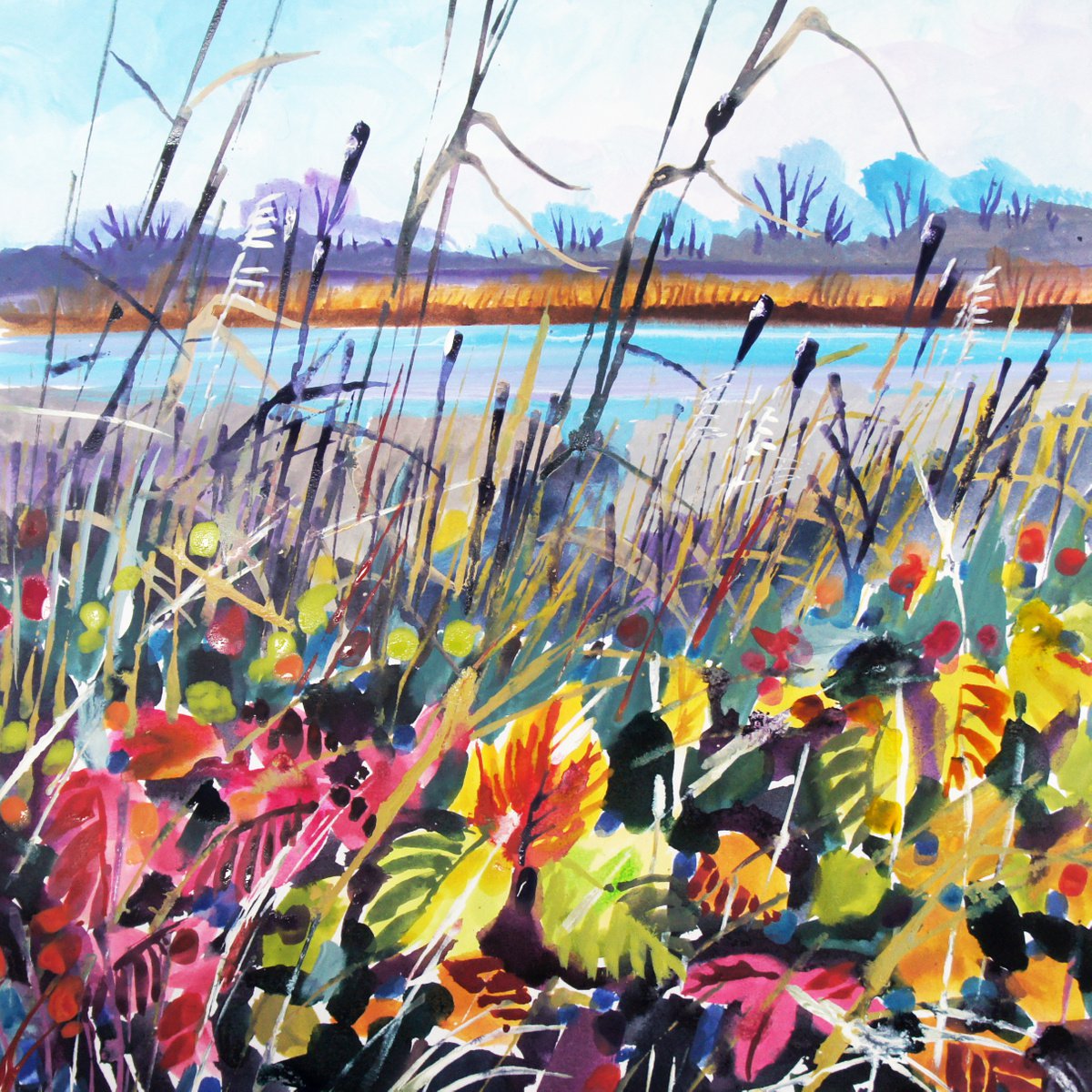 Bramble Leaves in Autumn by the waters edge by Julia Rigby