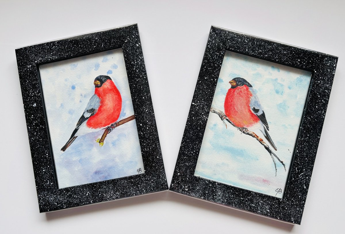 Photorealistic Animal Acrylic Painting By Lena Smirnova, 13 X 8", Happy Winter - Bullfinch, Original Artwork