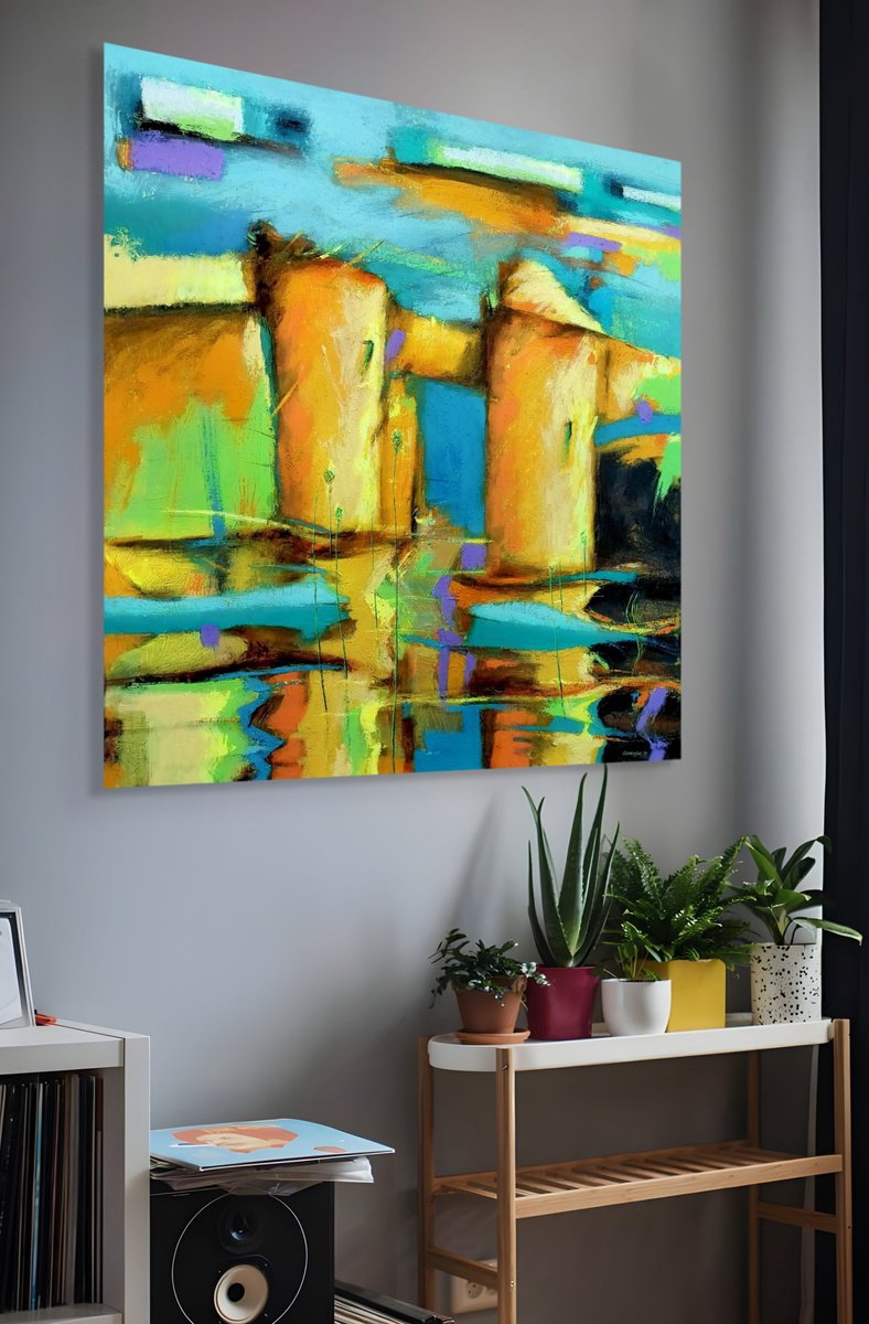 Impressionistic Abstract Oil Painting By Evgen Semenyuk, 39 X 39, Reflections In Water