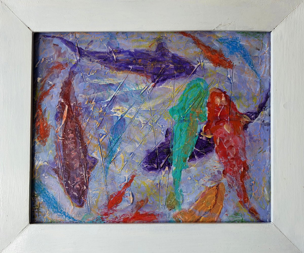 Impressionistic Animal Acrylic Painting By Rakhmet Redzhepov, 16 X 13", Sharks, Original Artwork