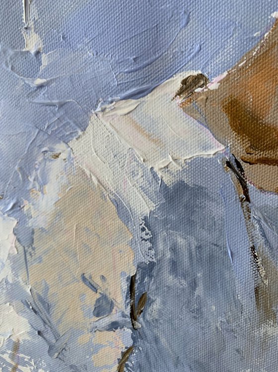 Quiet woman in Blue.