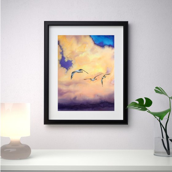 3 Seagulls In Flight -  Seagulls – Thunder Sky - seascape - sea and sky - seagulls over the sea