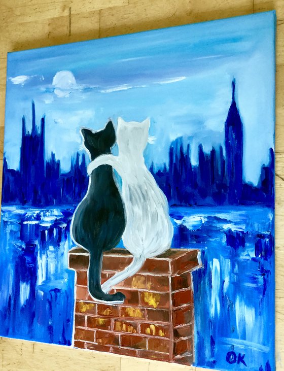 Cats in London. Mystic  night in foggy London, Parliament. Present idea