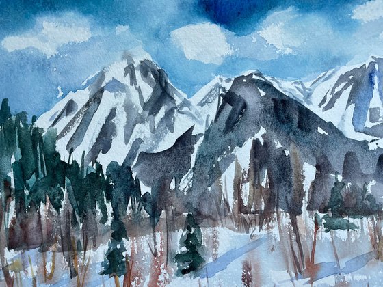 Mountain Original Watercolor Painting, Snowy Winter Landscape Artwork, Slovak Home Decor, Christmas Gift