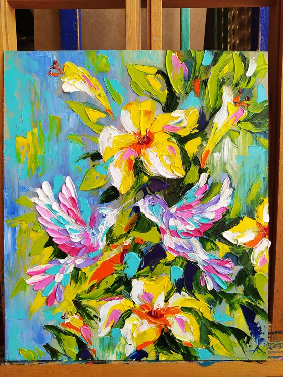 Love in flowers - birds, hummingbird, love, birds in flowers, lovers, flowers, oil painting, flowers oil painting, gift idea