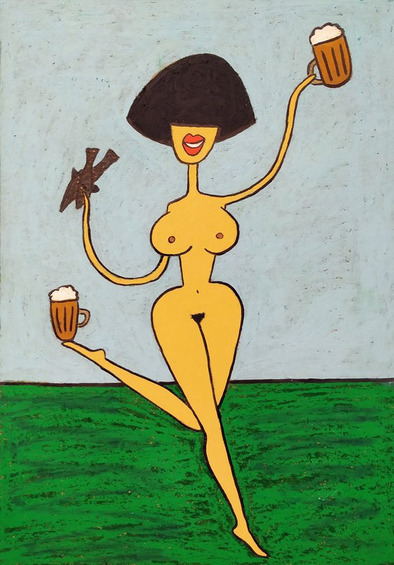 Nude with two beers and fishes