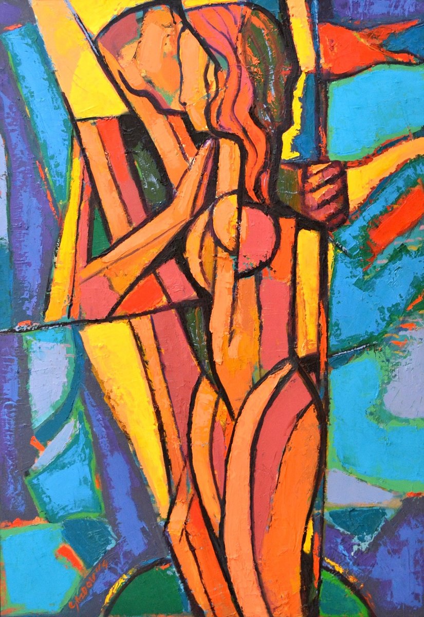 Expressive Portrait Oil Painting By Rumen Sazdov, 28 X 39", Love Tower, Original Artwork