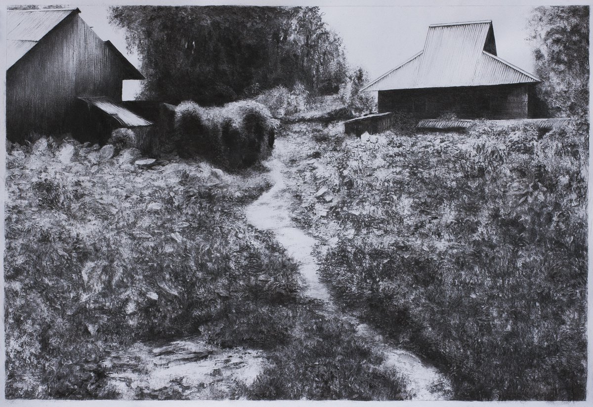 Photorealistic Landscape Charcoal Drawing By Przemek Kret, 39 X 28", Outskirts Of Paradise (Selangor), Original Artwork