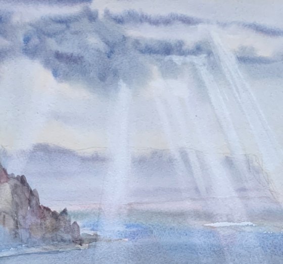 Sea and sky light. Watercolour by Marina Trushnikova. Seascape, Plein air artwork, A3 watercolor.