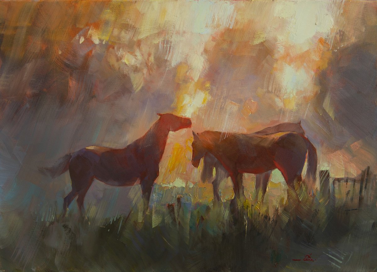 Impressionistic Animal Oil Painting By Valentin, 28 X 20", Magic Shadows, Original Artwork