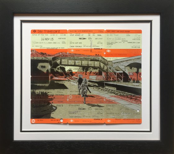 "A Grand Day Out" - Spray paint on orange British Rail / train tickets in romantic graffiti pop art style.