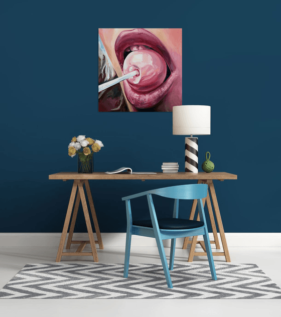 CHUPA CHUPS - original oil painting, pink, lips, gift, home decor, office decor, wall art,