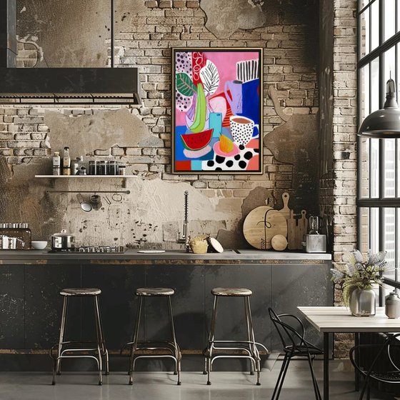 Colorful Still Life with Cups and Fruit