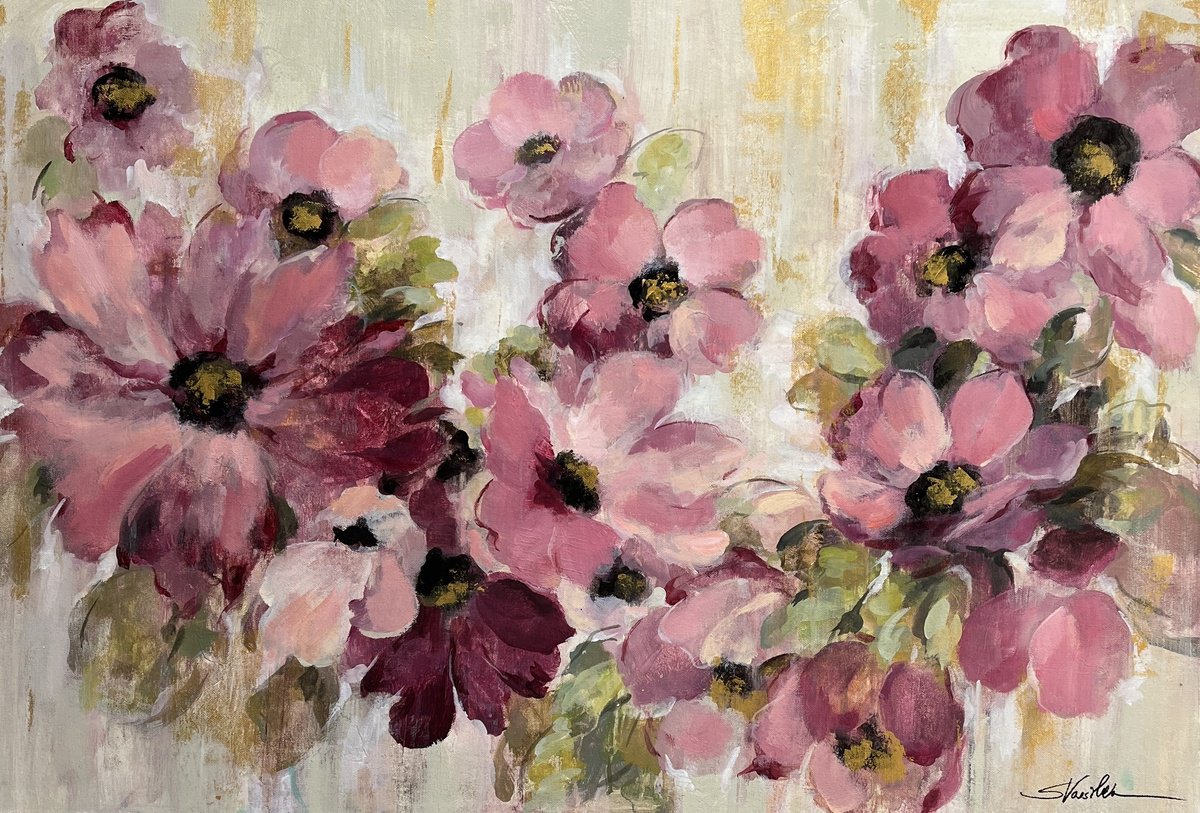 Impressionistic Botanical Acrylic Painting By Silvia Vassileva, 35 X 24", Pink And Green Bloom, Original Artwork