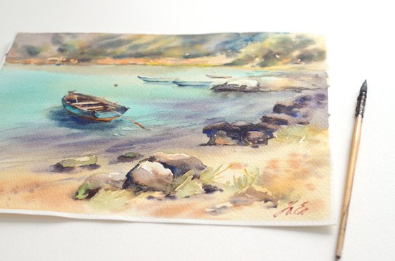 Boat by the sea in Montenegro, Watercolor turquoise seascape