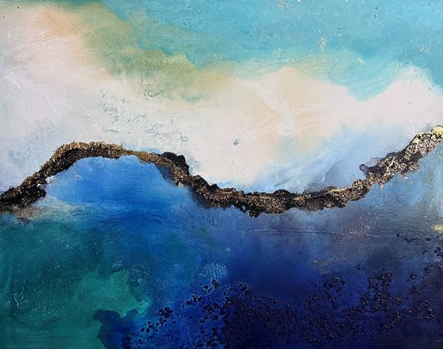 Seascape ocean waves blue turquoise teal with gold fluid painting "Waves of love" by Henrieta Angel