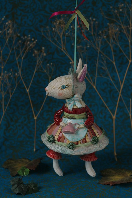 Rabbit mom, hanging sculpture, bell doll by Elya Yalonetski