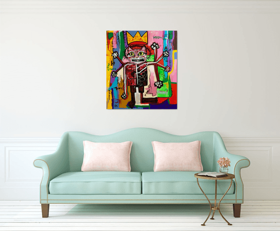 KING TROY the cat, ( 102 x 91 cm, 40 x 36 inches),  multi-armed, multitasking, inspired by Basquiat and Indian culture, solving the problems of the modern rapidly changing world in parallel and seamlessly