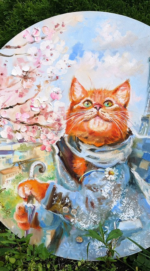 Cat Original Art, Painting on a round canvas by Annet Loginova