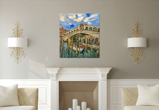 VENICE, RIALTO BRIDGE - Venice cityscape, landscape  - original painting, oil on canvas, architecture, bridge, water, love, vacations , interior home decor