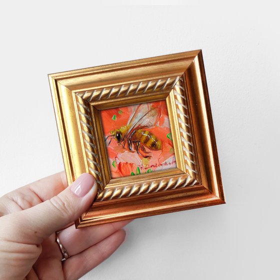 Bee artwork framed oil painting original 2x2, Mini Bee painting oil red, Honey bee wall art decor miniature