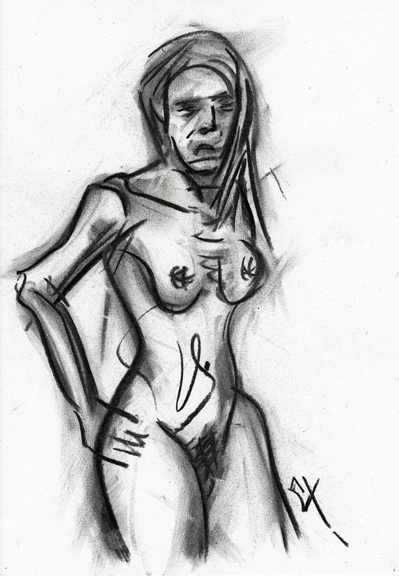 EXPRESSIVE NUDE SKETCH study, charcoal drawing